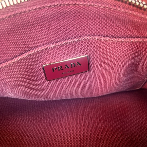 PRADA burgundy tote denim material. Strap for crossbody. Silver studs. - Picture 9 of 12